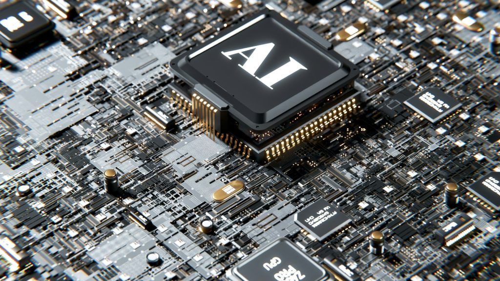 A digital rendering of an AI processor on a circuit board