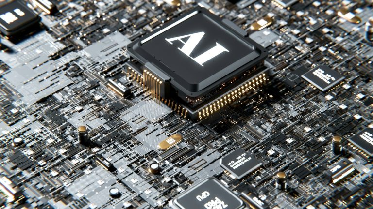 A digital rendering of an AI processor on a circuit board