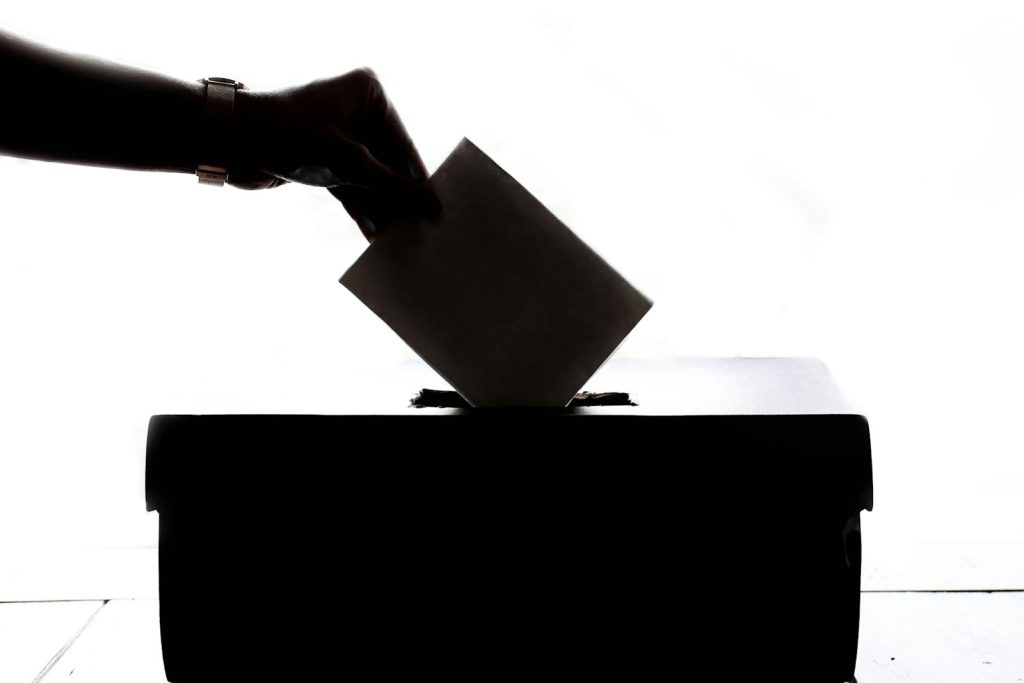 A person placing a paper ballot into a ballot box.