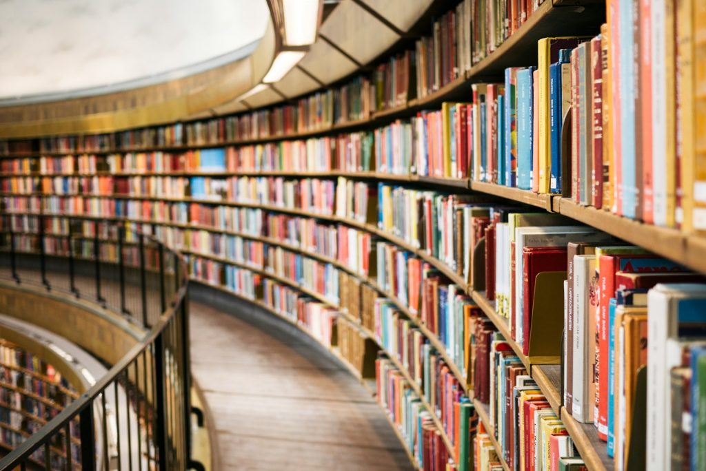 Books arranged on shelves.