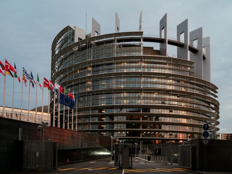 The European Parliament building in Strasbourg with national and European Union flags.