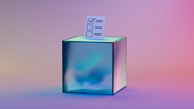 Illustrative ballot box with a marked ballot against a coloured background