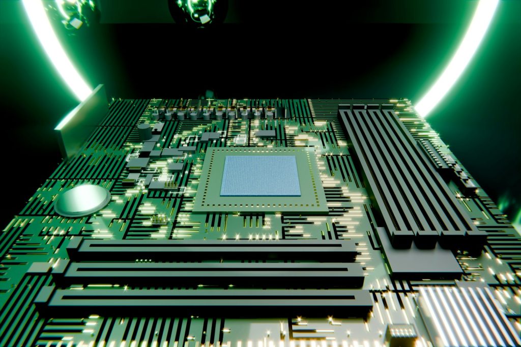 Computer circuit board and processor lit with green light
