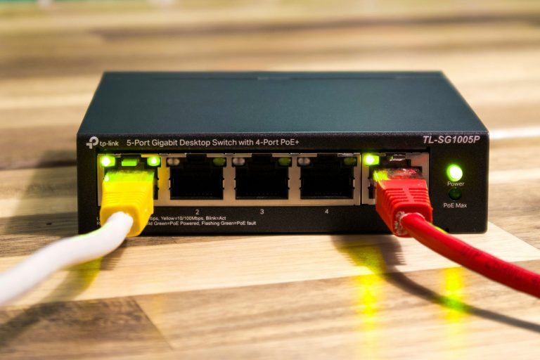 Illustrative network switch with connected Ethernet cables