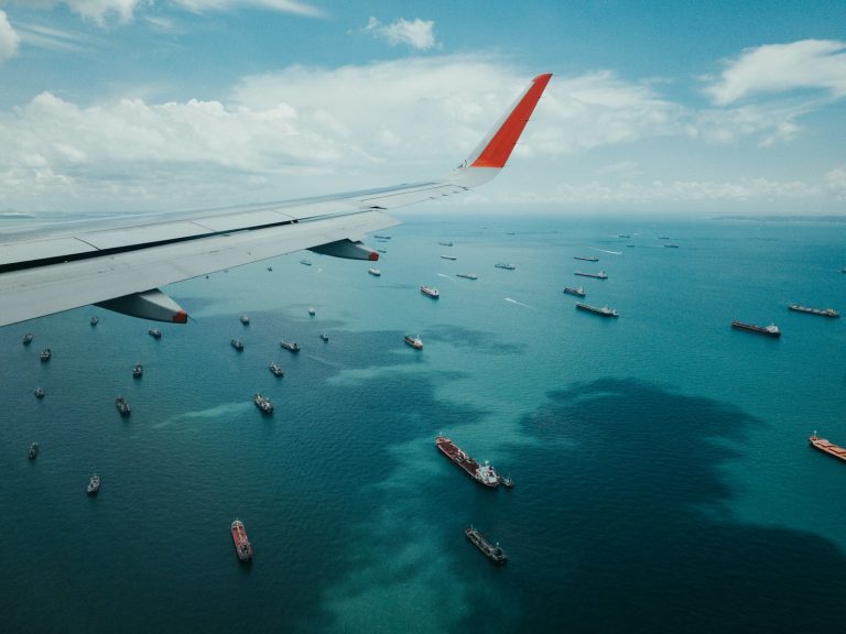Cargo ships in waters near Singapore seen from an aircraft