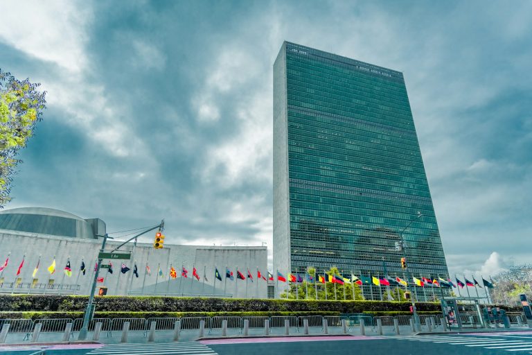 United Nations Headquarters in New York with member-country flags