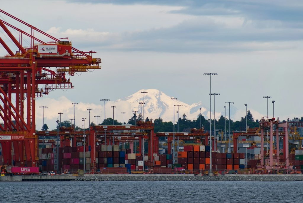 Cranes at the Port of Vancouver with Mount Baker in the distance.