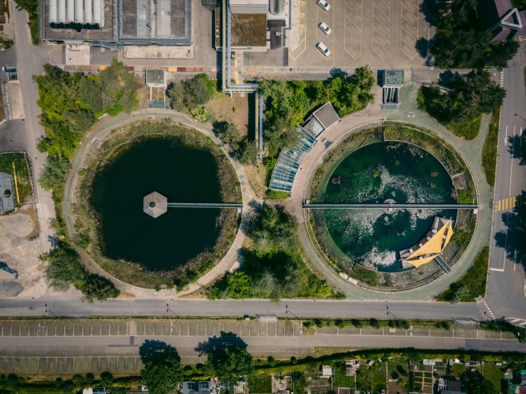 Aerial view of circular wastewater treatment tanks
