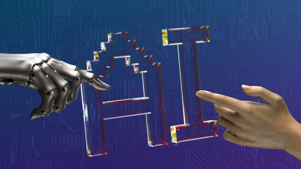 Conceptual image of a human hand and robotic hand reaching toward the letters AI