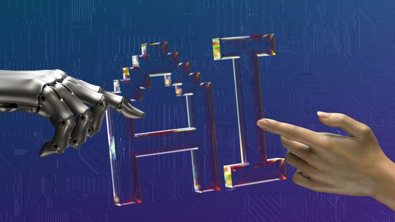 Conceptual image of a human hand and robotic hand reaching toward the letters AI