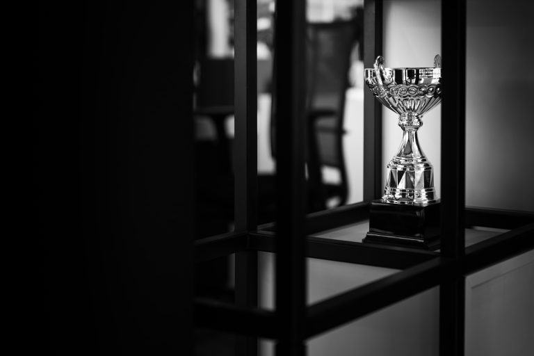 Silver award trophy displayed on a shelf