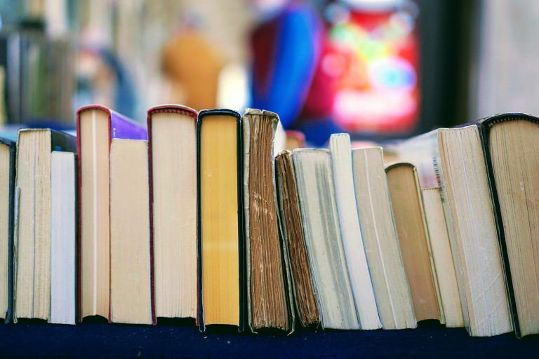 A row of books displayed at a book market, used as an illustration for a Dorval Library author event