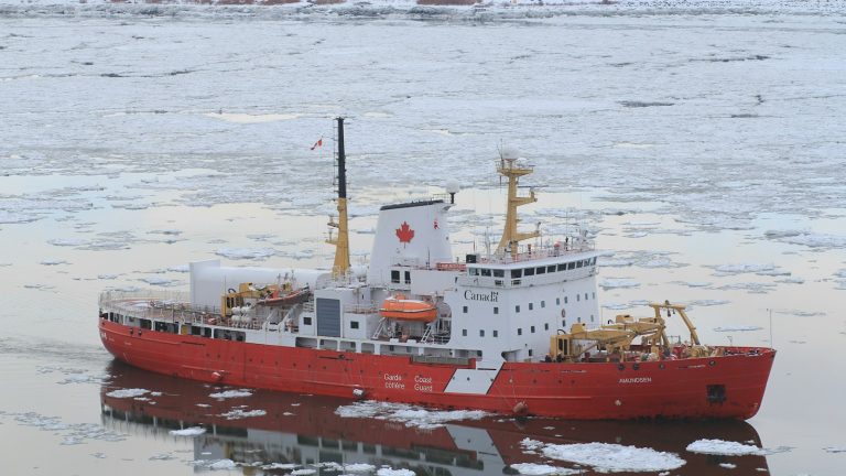 A red Canadian Coast Guard icebreaker sailing among sea ice