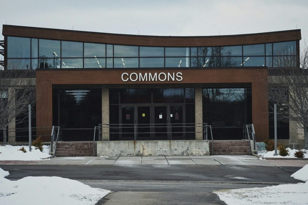 Modern community building exterior in winter, illustrative stock image.