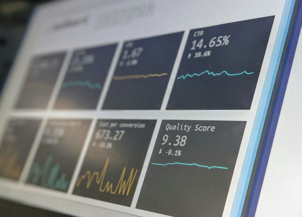 Data-analysis dashboard with line graphs on a screen, illustrative stock image.