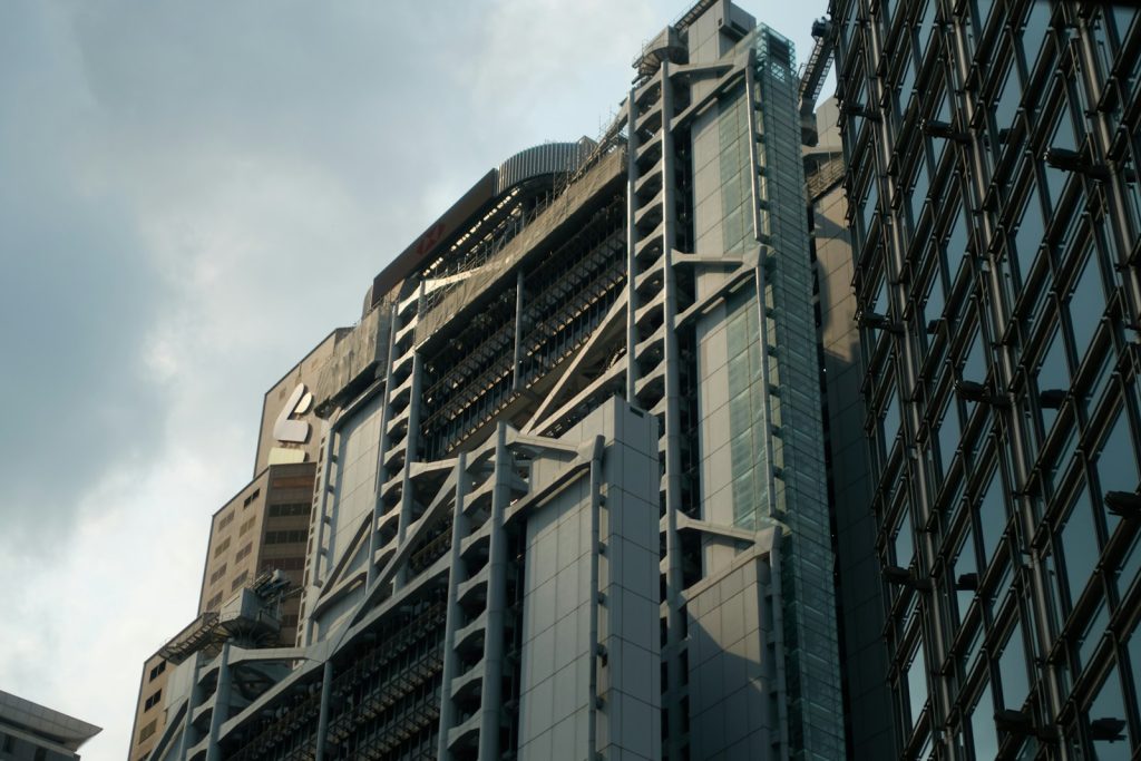 Modern high-rise financial-district buildings, illustrative stock image.