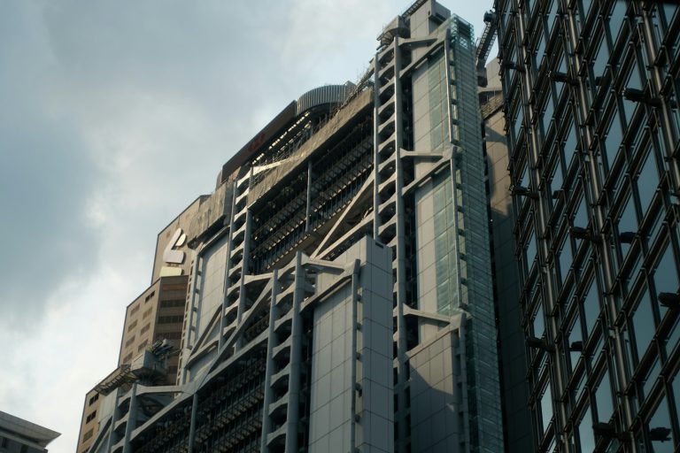 Modern high-rise financial-district buildings, illustrative stock image.