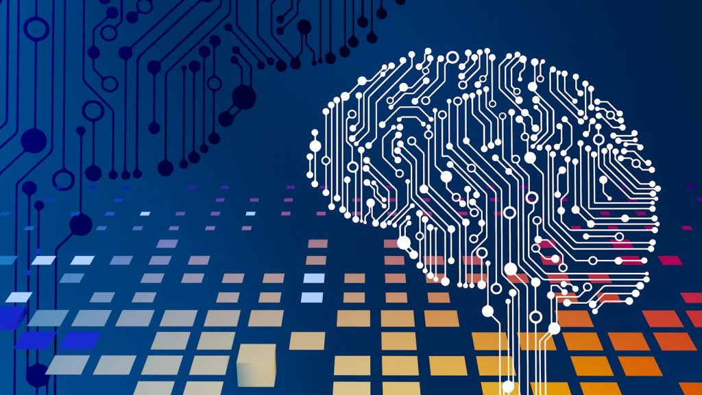 Digital illustration of a brain made from white circuit lines on a blue background