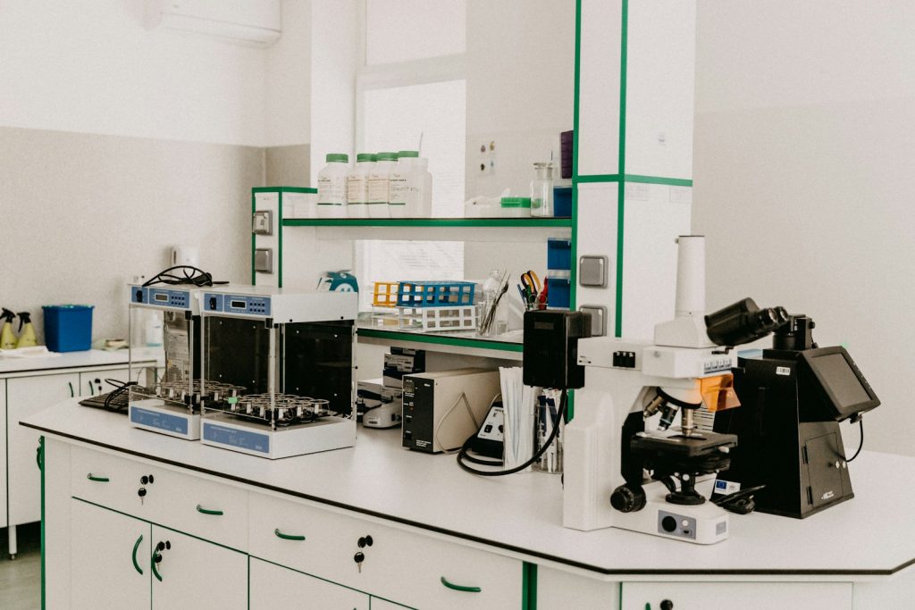 Laboratory instruments on a clean bench, illustrating radiopharmaceutical manufacturing