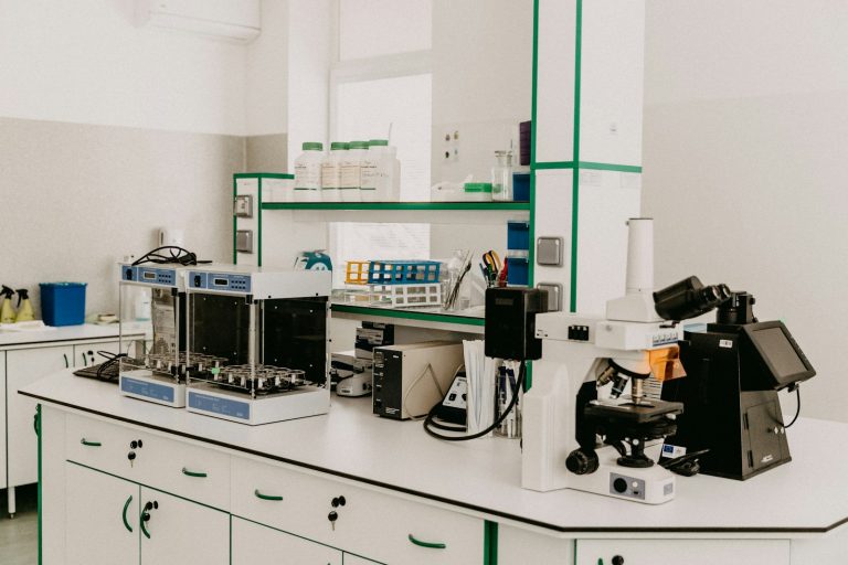 Laboratory instruments on a clean bench, illustrating radiopharmaceutical manufacturing