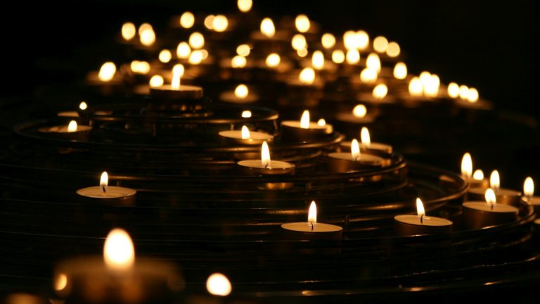 Rows of lit memorial candles against a dark background