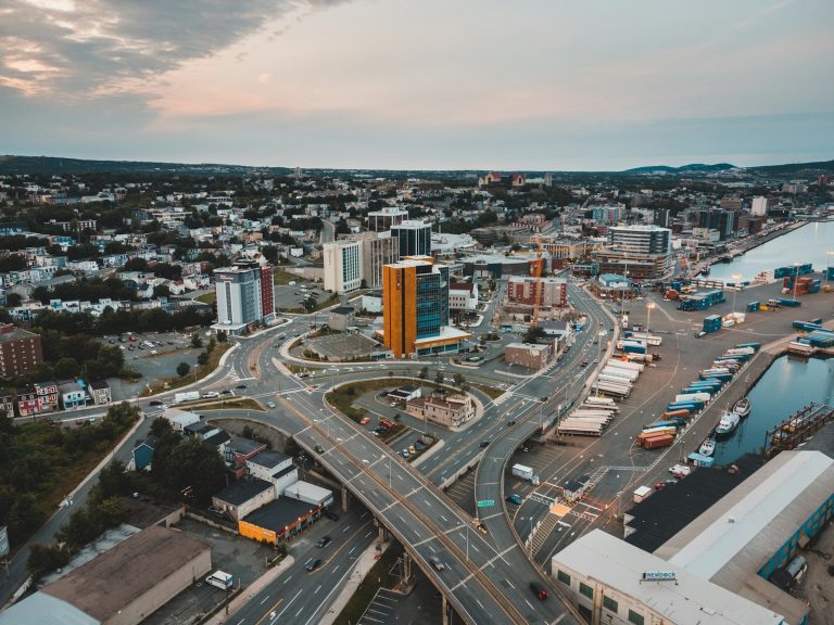 Aerial view of roads, buildings and the harbour in St. John's, Newfoundland and Labrador
