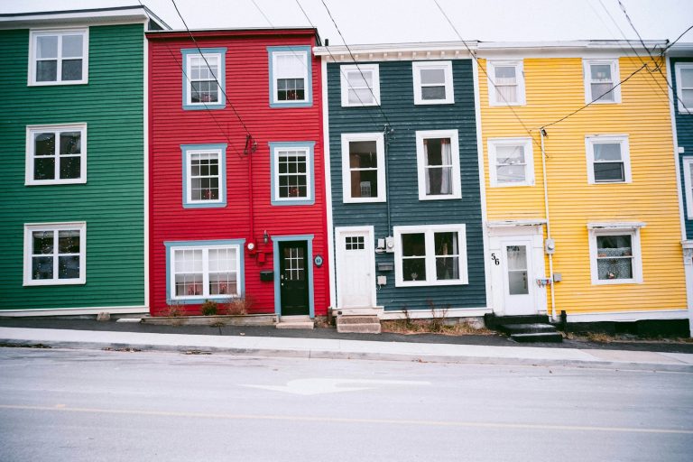 Colourful attached row houses on a street in St. John's, Newfoundland and Labrador