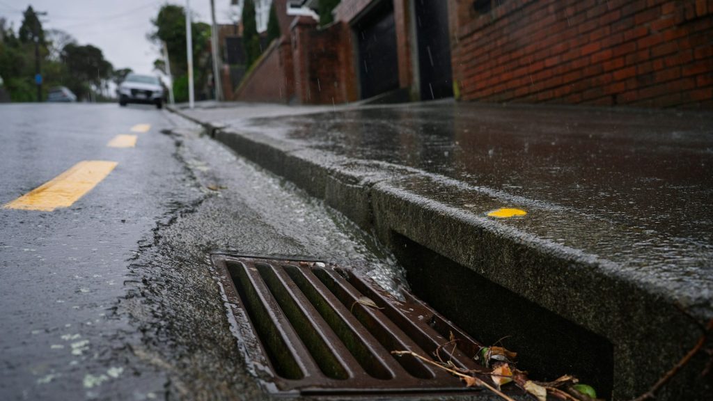 Rainwater flowing toward a street drain, illustrating residential flood-risk evaluation