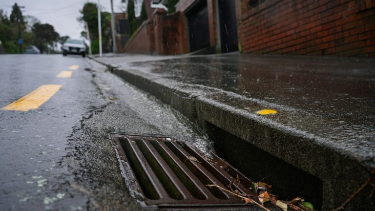 Rainwater flowing toward a street drain, illustrating residential flood-risk evaluation