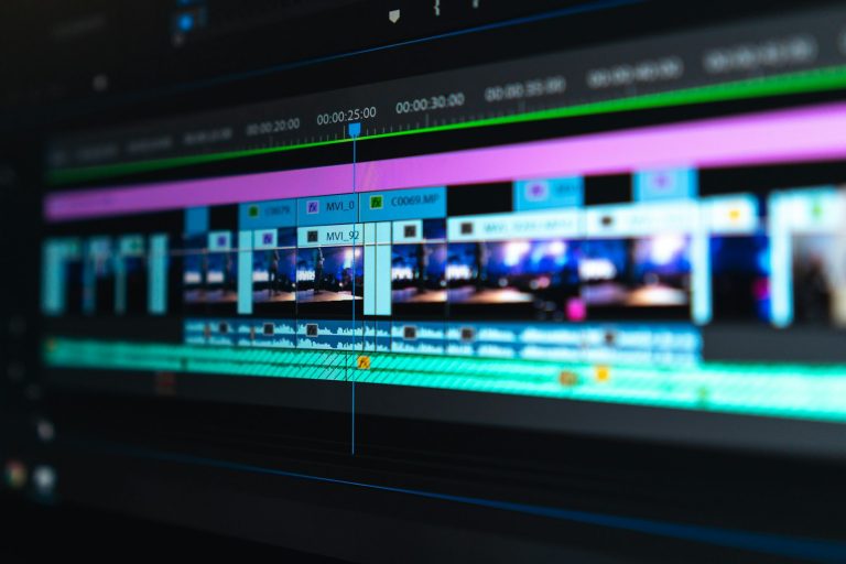 Video-editing timeline on a computer screen, illustrating post-production work