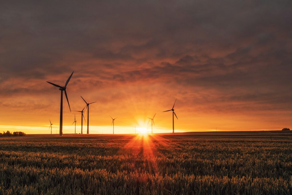 Wind turbines across farmland at sunset, illustrating green-bond eligible environmental spending